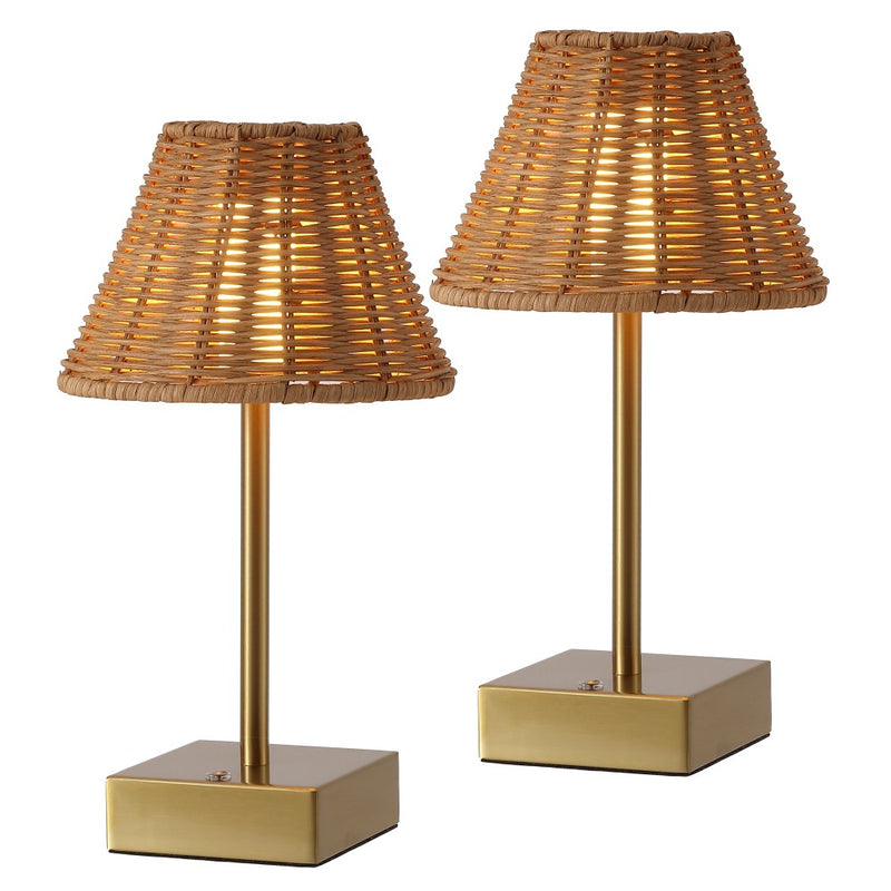 Chester 11.3 in. Coastal Bohemian Metal and Rattan Tapered Cordless Rechargeable Integrated Dimmable LED Table Lamp with Touch Sensor