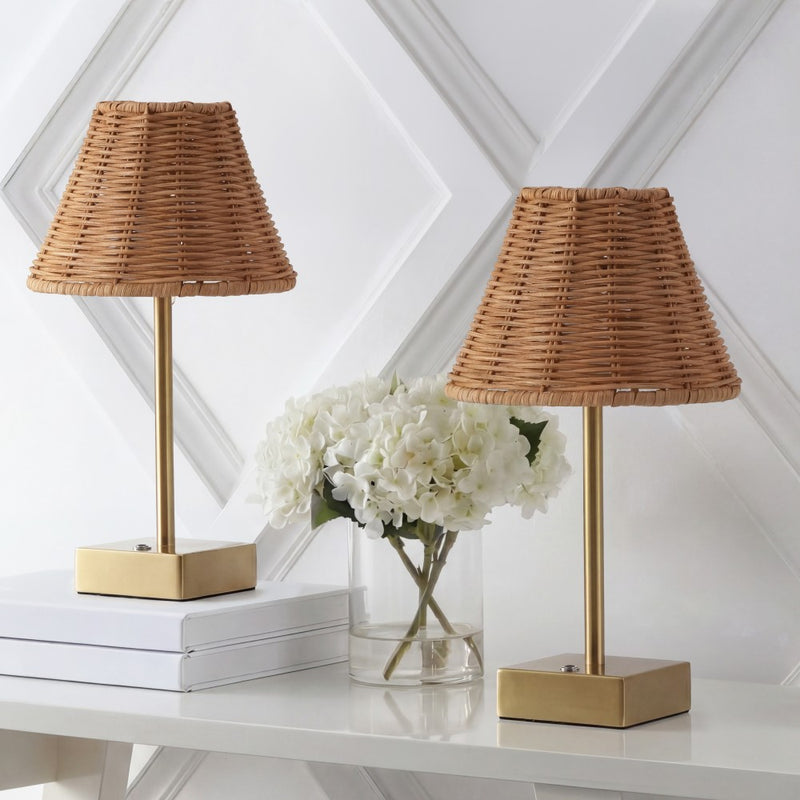 Chester 11.3 in. Coastal Bohemian Metal and Rattan Tapered Cordless Rechargeable Integrated Dimmable LED Table Lamp with Touch Sensor