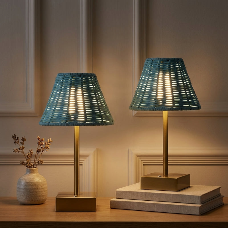 Chester 11.3 in. Coastal Bohemian Metal and Rattan Tapered Cordless Rechargeable Integrated Dimmable LED Table Lamp with Touch Sensor Brass Gold/Blue (Set of 2) – AI-ON