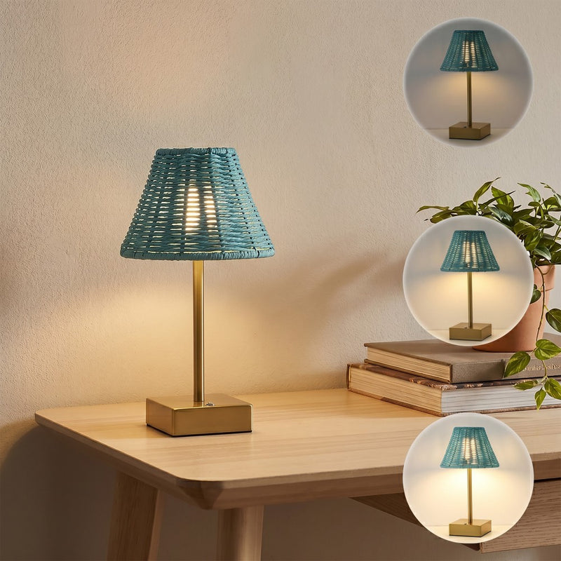 Chester 11.3 in. Coastal Bohemian Metal and Rattan Tapered Cordless Rechargeable Integrated Dimmable LED Table Lamp with Touch Sensor