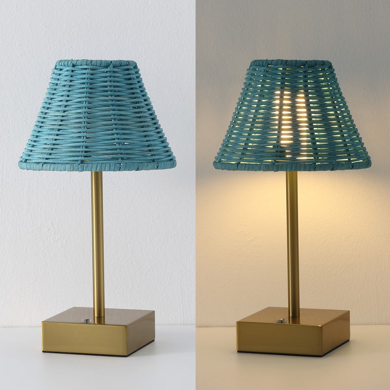 Chester 11.3 in. Coastal Bohemian Metal and Rattan Tapered Cordless Rechargeable Integrated Dimmable LED Table Lamp with Touch Sensor