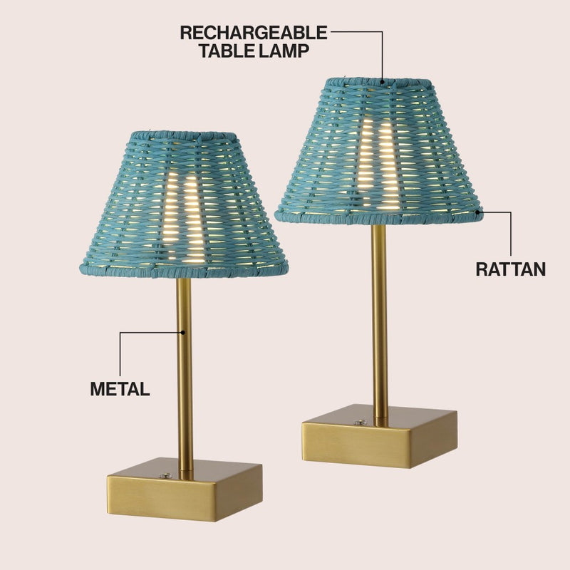 Chester 11.3 in. Coastal Bohemian Metal and Rattan Tapered Cordless Rechargeable Integrated Dimmable LED Table Lamp with Touch Sensor