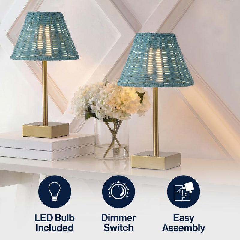 Chester 11.3 in. Coastal Bohemian Metal and Rattan Tapered Cordless Rechargeable Integrated Dimmable LED Table Lamp with Touch Sensor