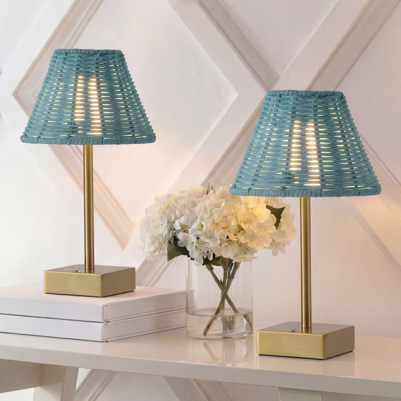 Chester 11.3 in. Coastal Bohemian Metal and Rattan Tapered Cordless Rechargeable Integrated Dimmable LED Table Lamp with Touch Sensor