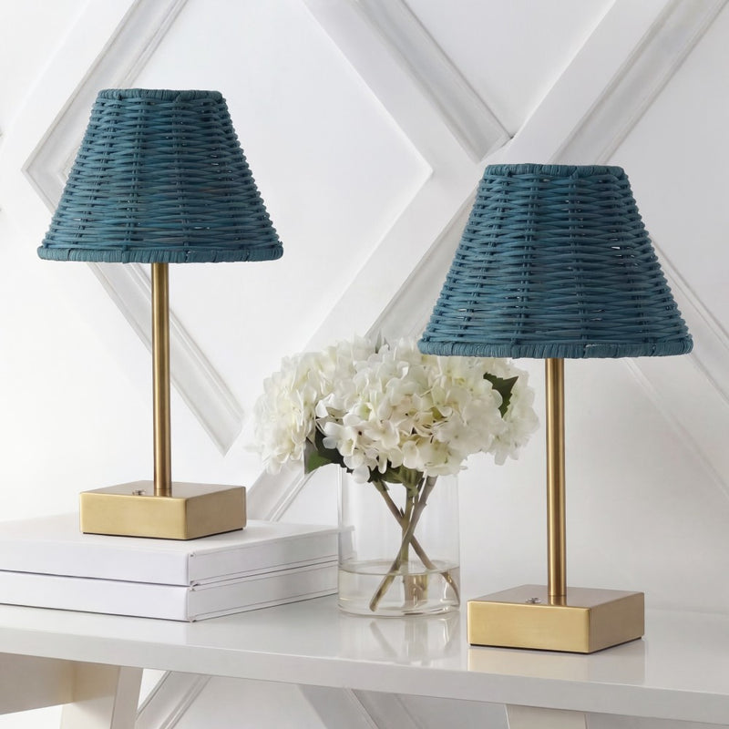 Chester 11.3 in. Coastal Bohemian Metal and Rattan Tapered Cordless Rechargeable Integrated Dimmable LED Table Lamp with Touch Sensor