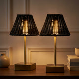 Chester 11.3 in. Coastal Bohemian Metal and Rattan Tapered Cordless Rechargeable Integrated Dimmable LED Table Lamp with Touch Sensor Brass Gold/Black (Set of 2) – AI-ON