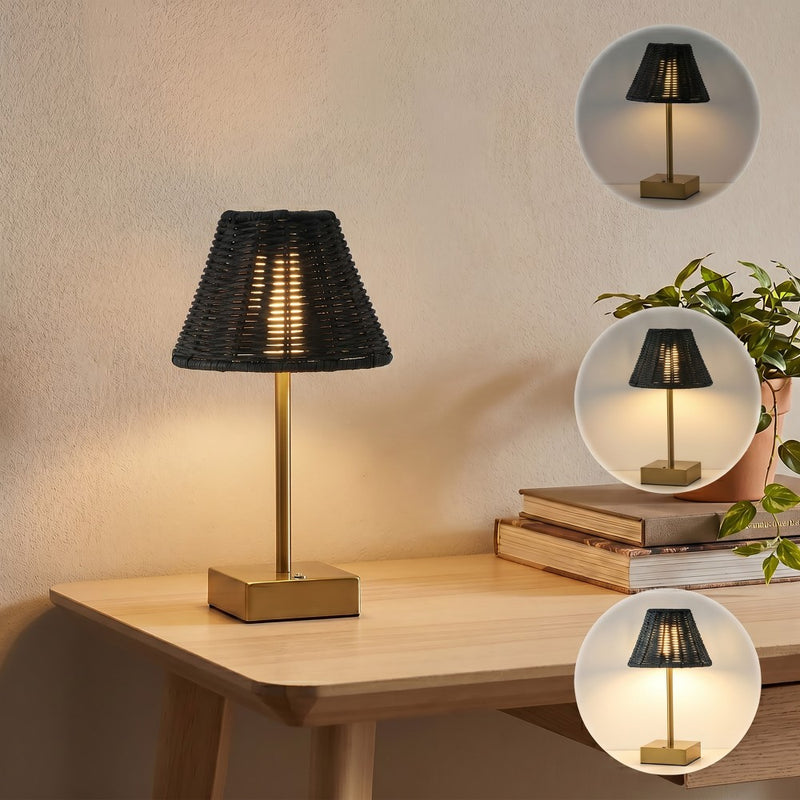 Chester 11.3 in. Coastal Bohemian Metal and Rattan Tapered Cordless Rechargeable Integrated Dimmable LED Table Lamp with Touch Sensor