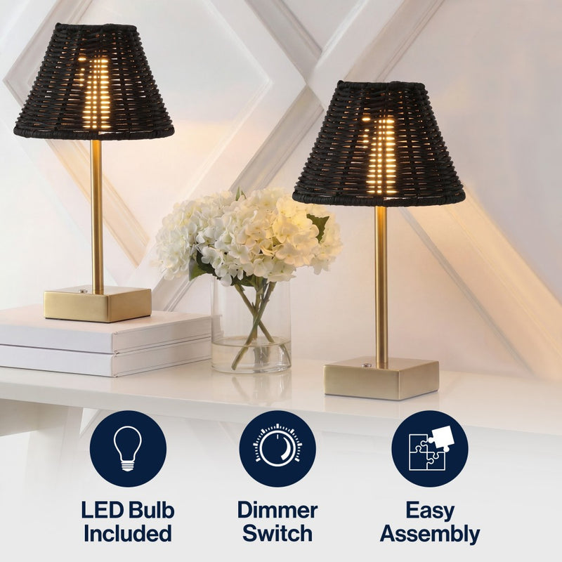 Chester 11.3 in. Coastal Bohemian Metal and Rattan Tapered Cordless Rechargeable Integrated Dimmable LED Table Lamp with Touch Sensor