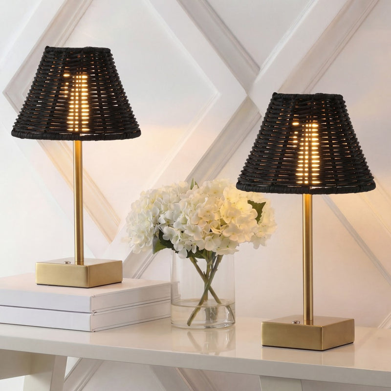 Chester 11.3 in. Coastal Bohemian Metal and Rattan Tapered Cordless Rechargeable Integrated Dimmable LED Table Lamp with Touch Sensor