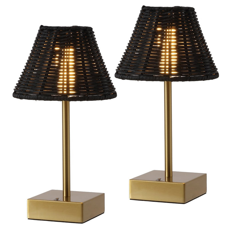 Chester 11.3 in. Coastal Bohemian Metal and Rattan Tapered Cordless Rechargeable Integrated Dimmable LED Table Lamp with Touch Sensor