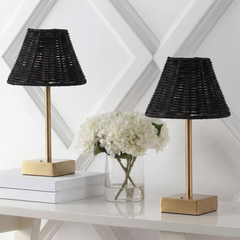 Chester 11.3 in. Coastal Bohemian Metal and Rattan Tapered Cordless Rechargeable Integrated Dimmable LED Table Lamp with Touch Sensor