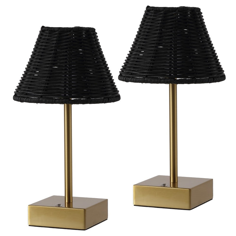 Chester 11.3 in. Coastal Bohemian Metal and Rattan Tapered Cordless Rechargeable Integrated Dimmable LED Table Lamp with Touch Sensor