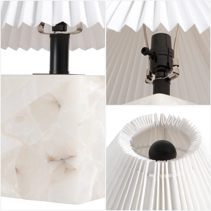 Hermin 16.5" Contemporary Minimalist Geometric Sculptural Alabaster Cube Metal LED Table Lamp with Nightlight Base and Pleated Shade
