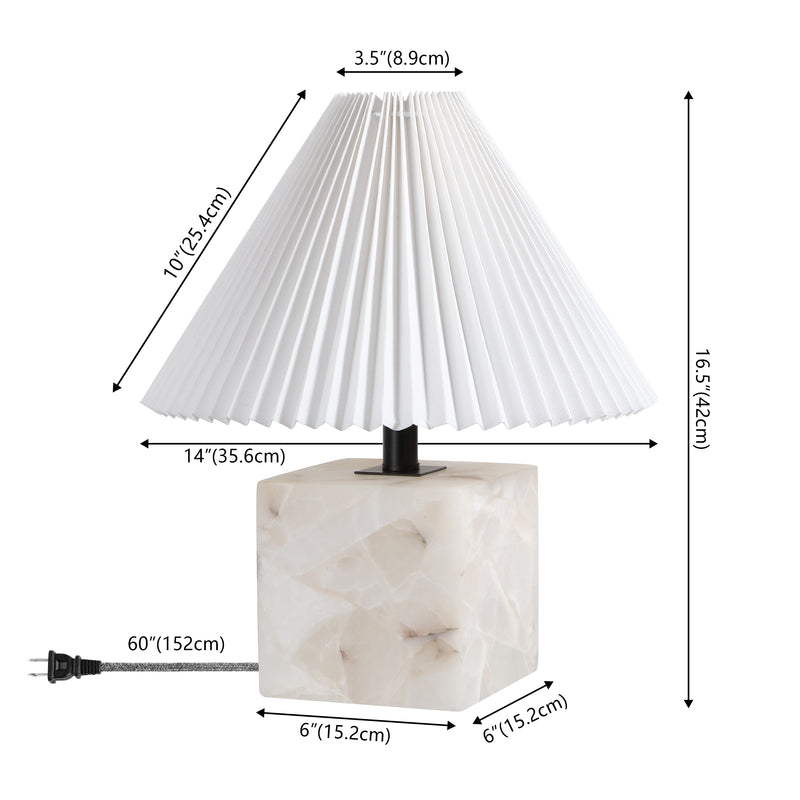Hermin 16.5" Contemporary Minimalist Geometric Sculptural Alabaster Cube Metal LED Table Lamp with Nightlight Base and Pleated Shade