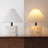 Hermin 16.5" Contemporary Minimalist Geometric Sculptural Alabaster Cube Metal LED Table Lamp with Nightlight Base and Pleated Shade