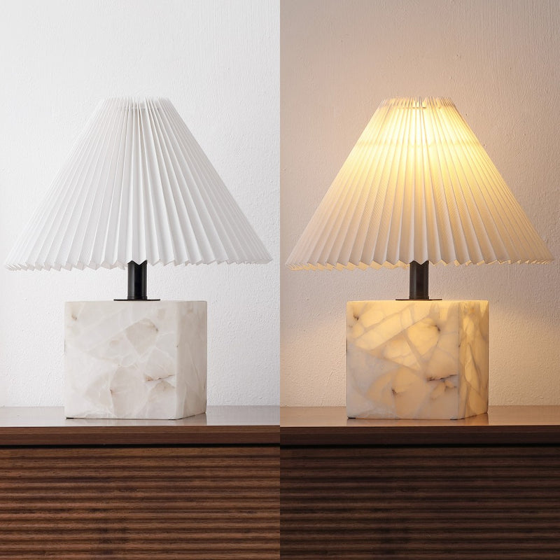 Hermin 16.5" Contemporary Minimalist Geometric Sculptural Alabaster Cube Metal LED Table Lamp with Nightlight Base and Pleated Shade