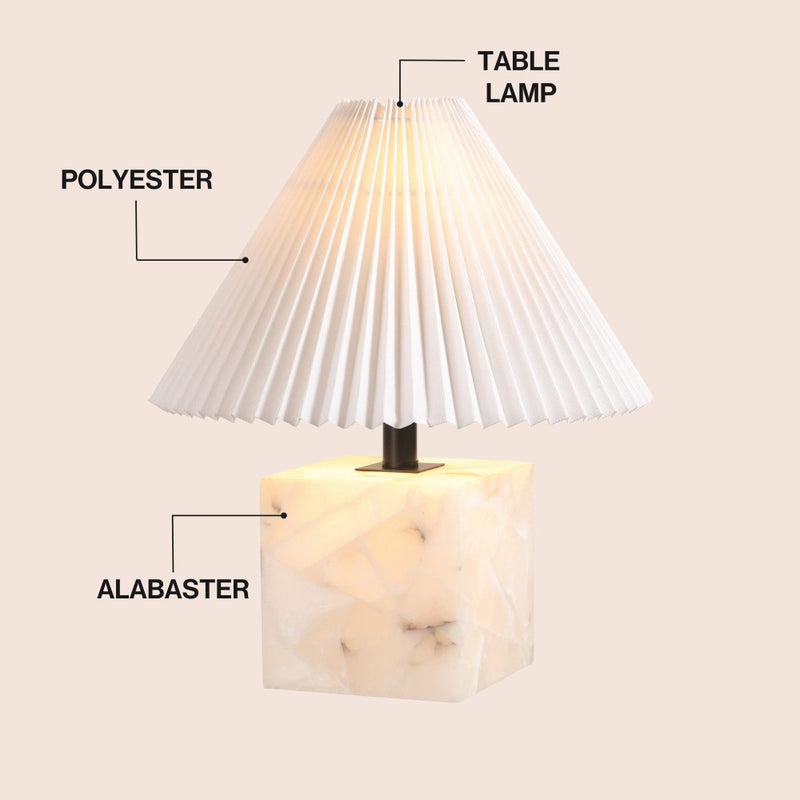 Hermin 16.5" Contemporary Minimalist Geometric Sculptural Alabaster Cube Metal LED Table Lamp with Nightlight Base and Pleated Shade