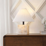 Hermin 16.5" Contemporary Minimalist Geometric Sculptural Alabaster Cube Metal LED Table Lamp with Nightlight Base and Pleated Shade