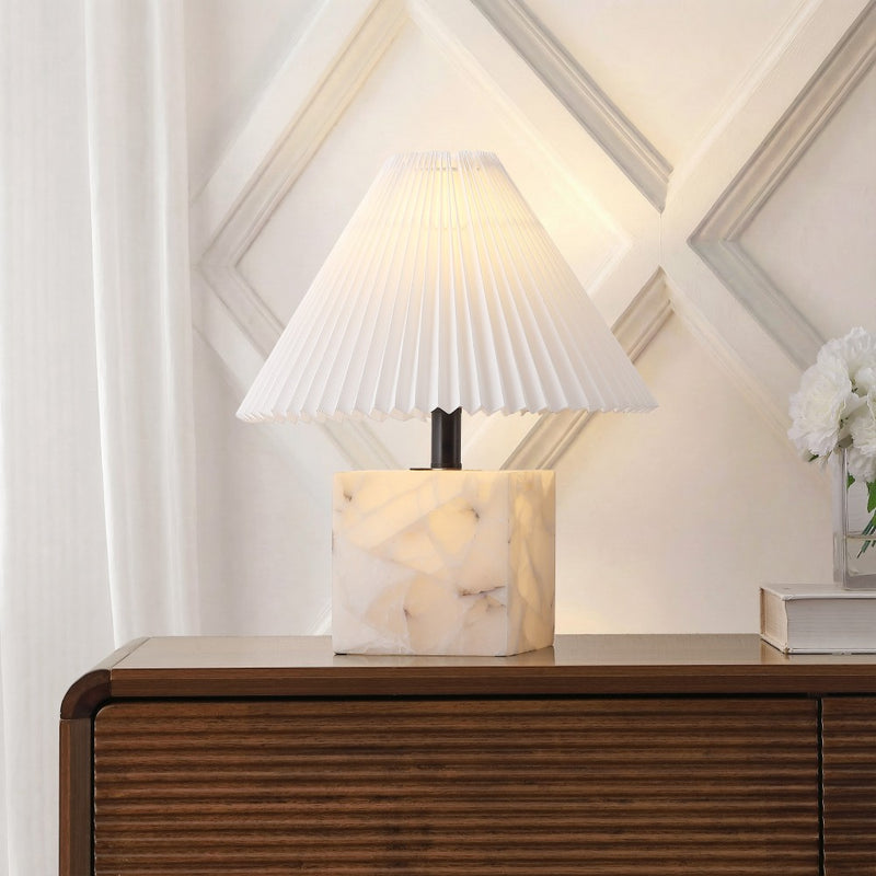 Hermin 16.5" Contemporary Minimalist Geometric Sculptural Alabaster Cube Metal LED Table Lamp with Nightlight Base and Pleated Shade