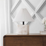 Hermin 16.5" Contemporary Minimalist Geometric Sculptural Alabaster Cube Metal LED Table Lamp with Nightlight Base and Pleated Shade