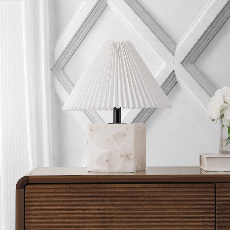 Hermin 16.5" Contemporary Minimalist Geometric Sculptural Alabaster Cube Metal LED Table Lamp with Nightlight Base and Pleated Shade