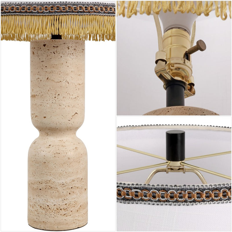 Lacy 25.25" Organic Modern Sculptural Hourglass Travertine Stone with Fringed Drum Shade LED Table Lamp