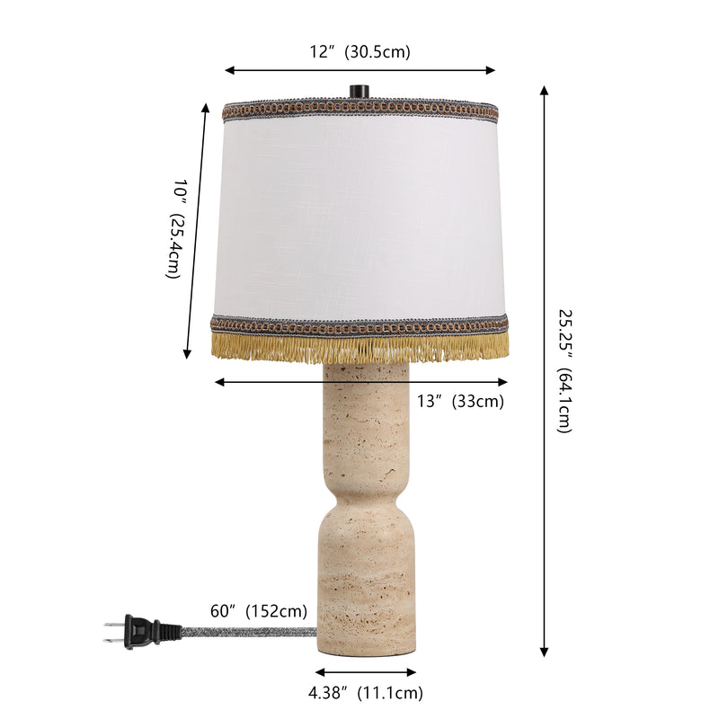 Lacy 25.25" Organic Modern Sculptural Hourglass Travertine Stone with Fringed Drum Shade LED Table Lamp