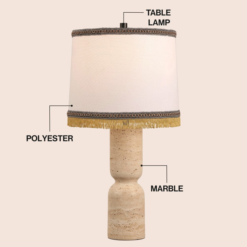 Lacy 25.25" Organic Modern Sculptural Hourglass Travertine Stone with Fringed Drum Shade LED Table Lamp