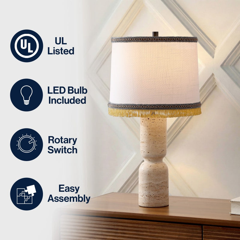 Lacy 25.25" Organic Modern Sculptural Hourglass Travertine Stone with Fringed Drum Shade LED Table Lamp