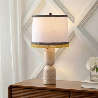 Lacy 25.25" Organic Modern Sculptural Hourglass Travertine Stone with Fringed Drum Shade LED Table Lamp