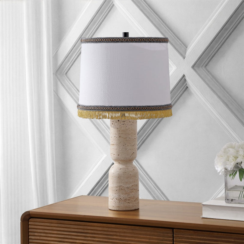 Lacy 25.25" Organic Modern Sculptural Hourglass Travertine Stone with Fringed Drum Shade LED Table Lamp