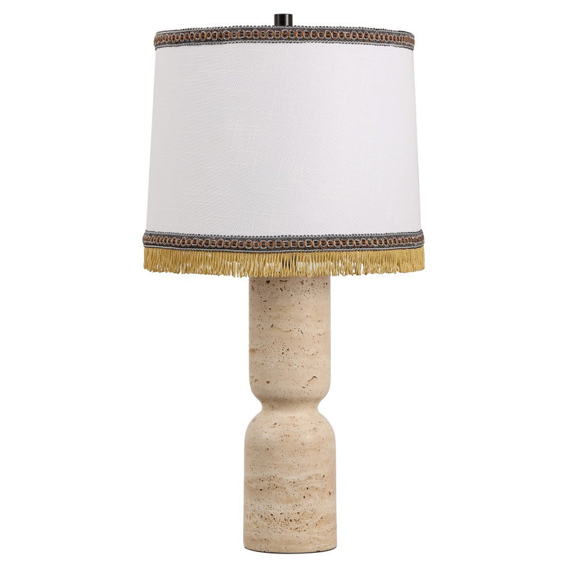 Lacy 25.25" Organic Modern Sculptural Hourglass Travertine Stone with Fringed Drum Shade LED Table Lamp