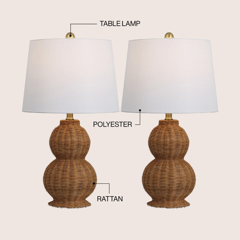 Millie 23" Modern Coastal Woven Rattan Gourd LED Table Lamp, Set of 2