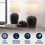 Hugo 16.75" Traditional Rustic Reeded Ceramic Vase LED Table Lamp, Set of 2