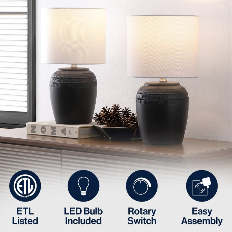 Hugo 16.75" Traditional Rustic Reeded Ceramic Vase LED Table Lamp, Set of 2
