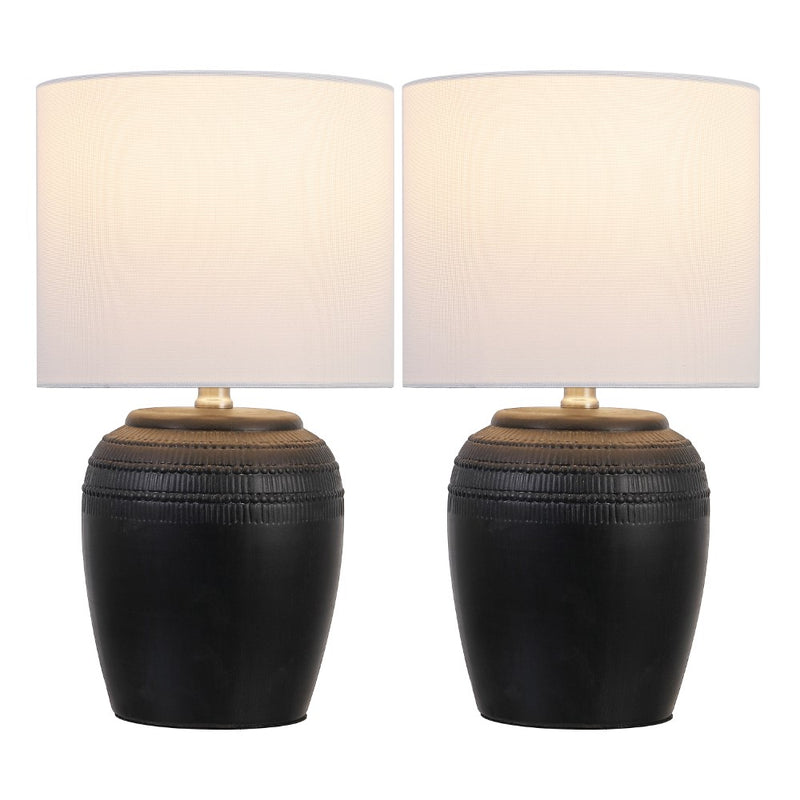 Hugo 16.75" Traditional Rustic Reeded Ceramic Vase LED Table Lamp, Set of 2