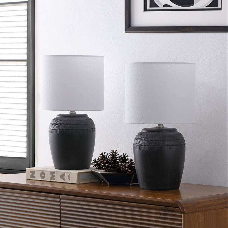 Hugo 16.75" Traditional Rustic Reeded Ceramic Vase LED Table Lamp, Set of 2