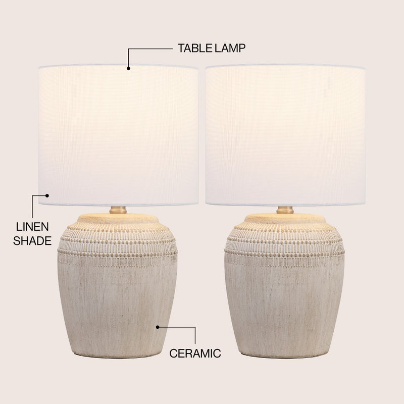 Hugo 16.75" Traditional Rustic Reeded Ceramic Vase LED Table Lamp, Set of 2