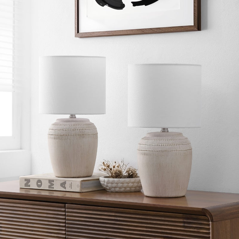 Hugo 16.75" Traditional Rustic Reeded Ceramic Vase LED Table Lamp, Set of 2