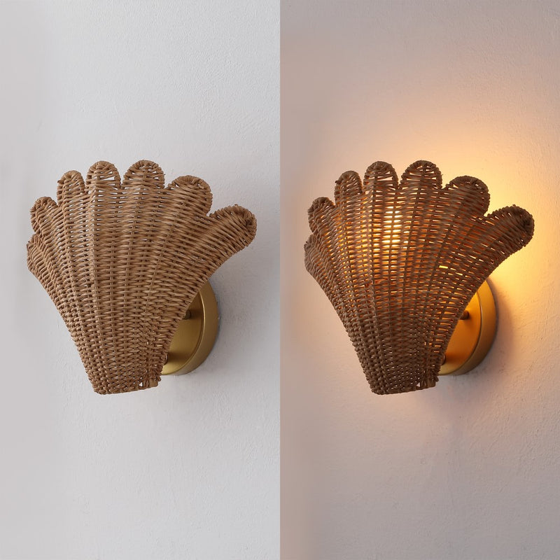Elodie 11.5" Vintage Coastal 1-Light Rattan Scallop Shell LED Wall Sconce Set 2