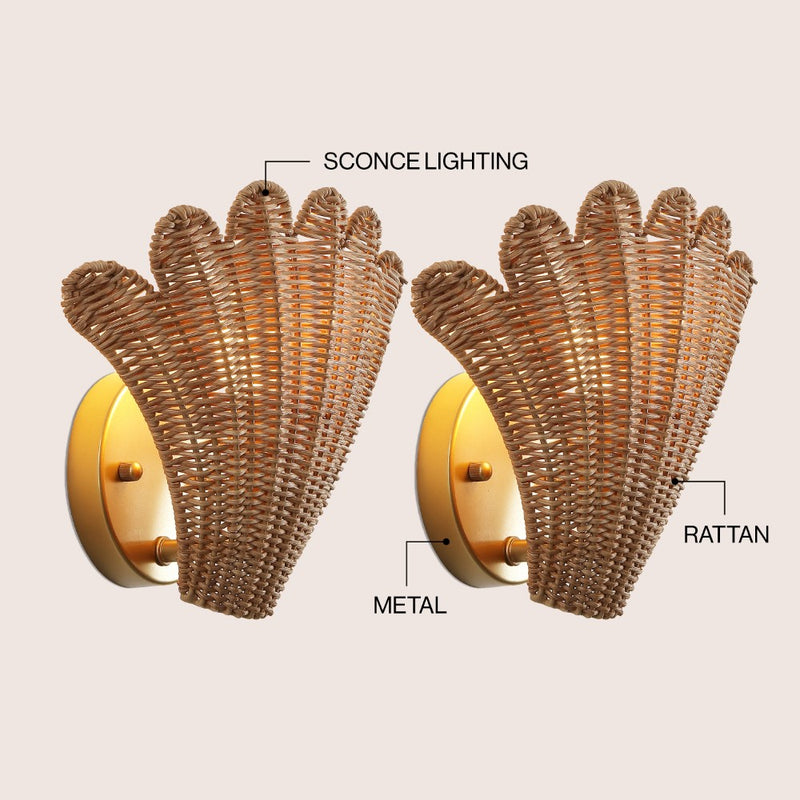 Elodie 11.5" Vintage Coastal 1-Light Rattan Scallop Shell LED Wall Sconce Set 2