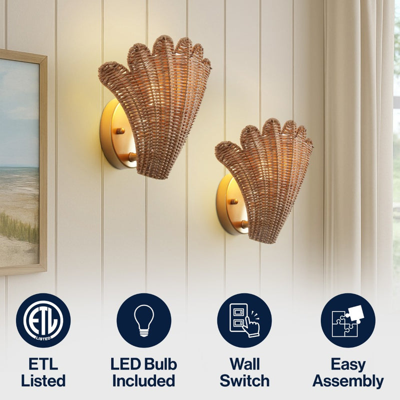 Elodie 11.5" Vintage Coastal 1-Light Rattan Scallop Shell LED Wall Sconce Set 2