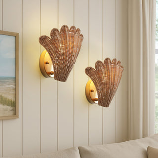 Elodie 11.5" Vintage Coastal 1-Light Rattan Scallop Shell LED Wall Sconce Set 2