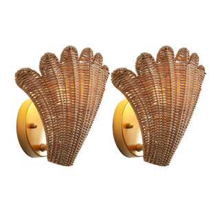 Elodie 11.5" Vintage Coastal 1-Light Rattan Scallop Shell LED Wall Sconce Set 2