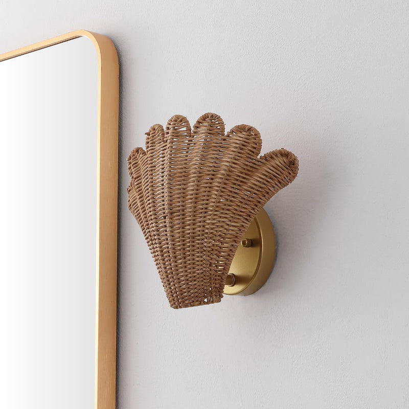 Elodie 11.5" Vintage Coastal 1-Light Rattan Scallop Shell LED Wall Sconce Set 2