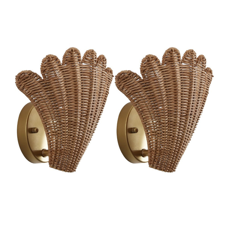 Elodie 11.5" Vintage Coastal 1-Light Rattan Scallop Shell LED Wall Sconce Set 2