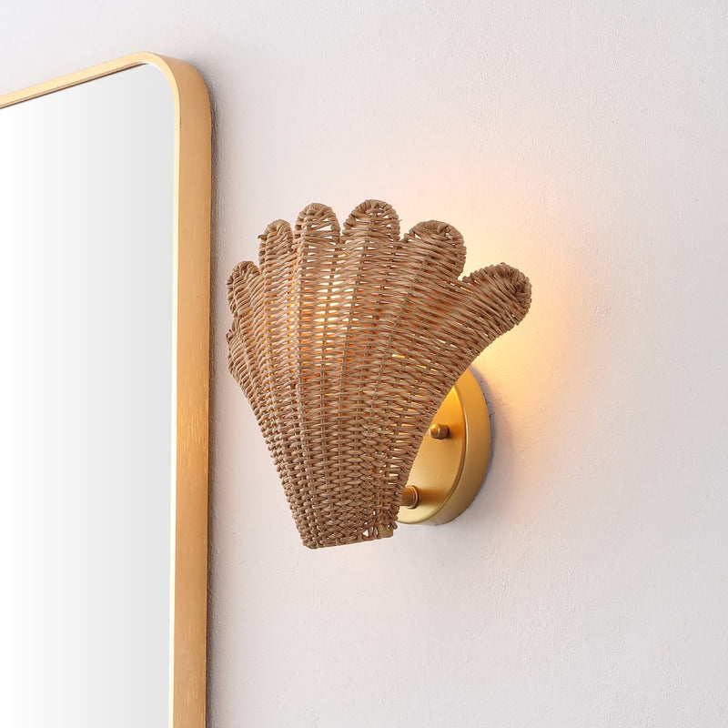 Elodie 11.5" Vintage Coastal 1-Light Rattan Scallop Shell LED Wall Sconce Set 2