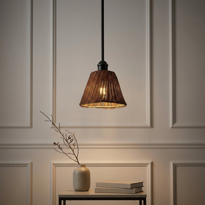 Hattie 1-Light Coastal Bohemian Metal and Woven Rattan LED Pendant Light Black/Dark Brown / 8.8'' – AI-ON