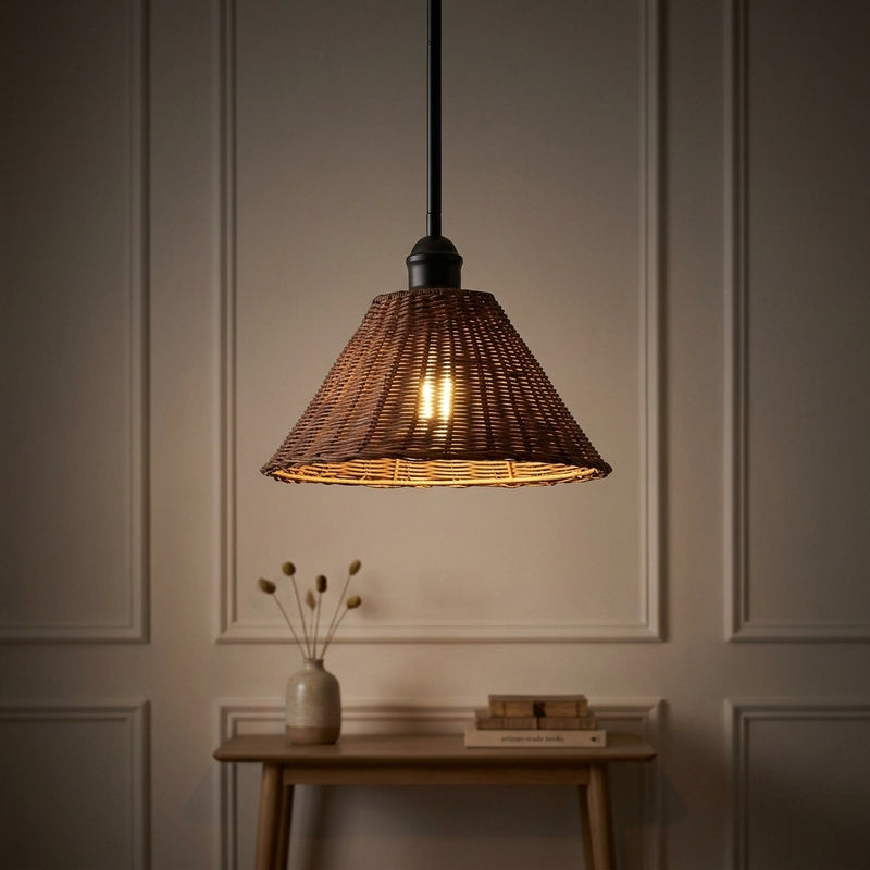 Hattie 1-Light Coastal Bohemian Metal and Woven Rattan LED Pendant Light Black/Dark Brown / 12'' – AI-ON