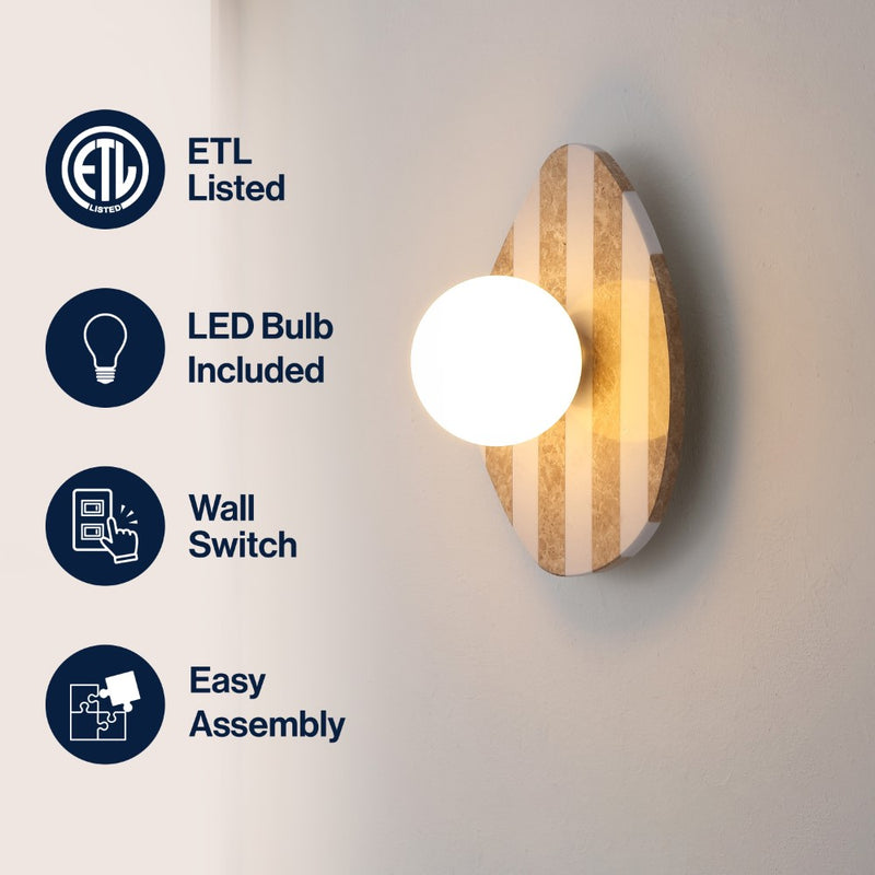 Tivoli 12" Modern Minimalist 1-Light Ovoid Travertine LED Wall Sconce